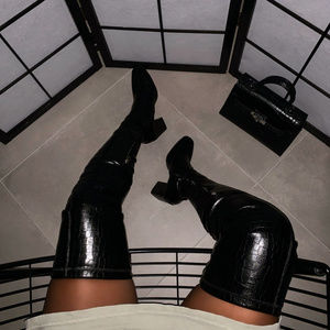 Croc Print Thigh High Boots with Chunky Heel